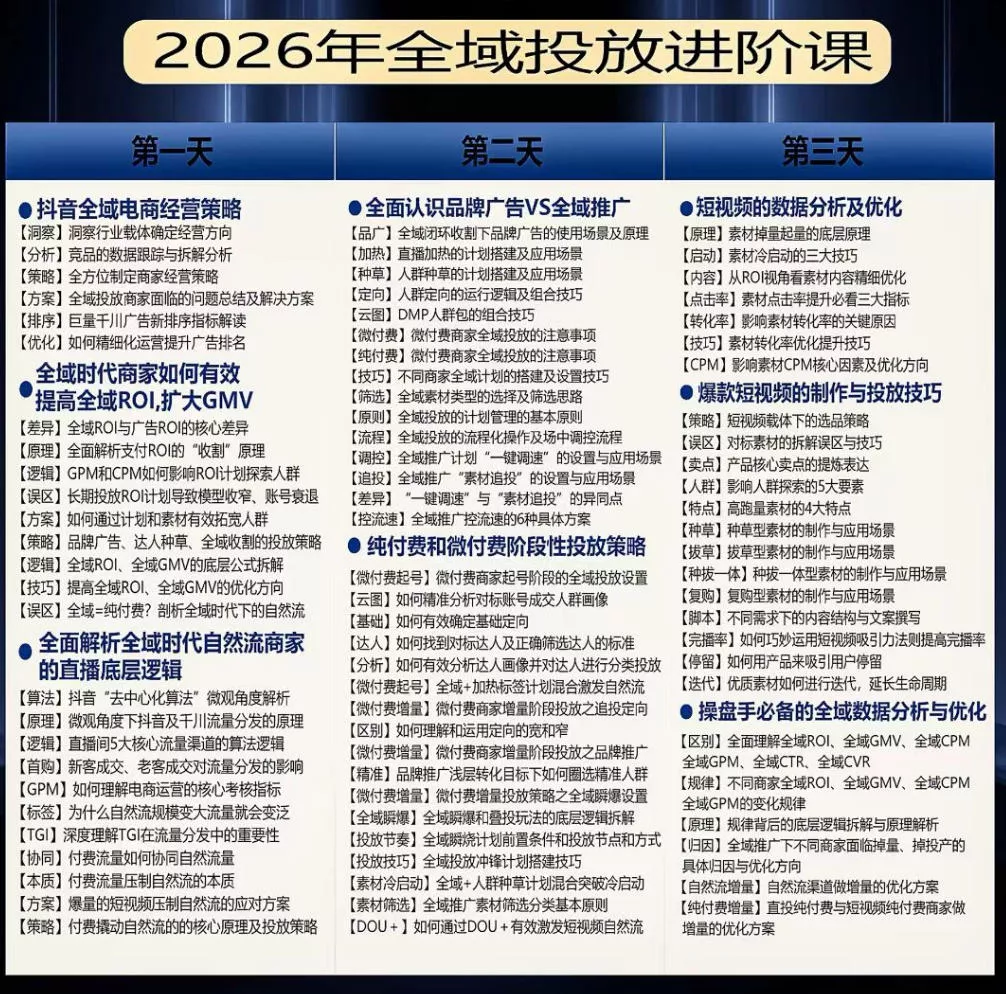 千川扫地僧2026抖音全域投放进阶课，少走弯路·快速起量·掌控增长，6月12-14号杭州线下课(更新)