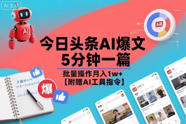 今日头条AI爆文，5分钟一篇，批量操作月入1w+【附赠AI工具指令】 - 项目资源网
