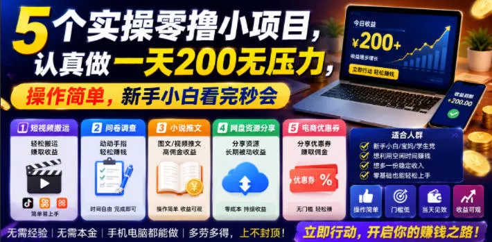 5个实操零撸小项目，认真做一天200无压力，操作简单，新手小白看完秒会【揭秘】 - 项目资源网