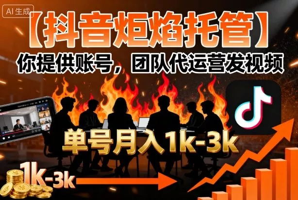 【抖音炬焰托管】你提供账号，团队代运营发视频，单号月入1k+【揭秘】 - 项目资源网