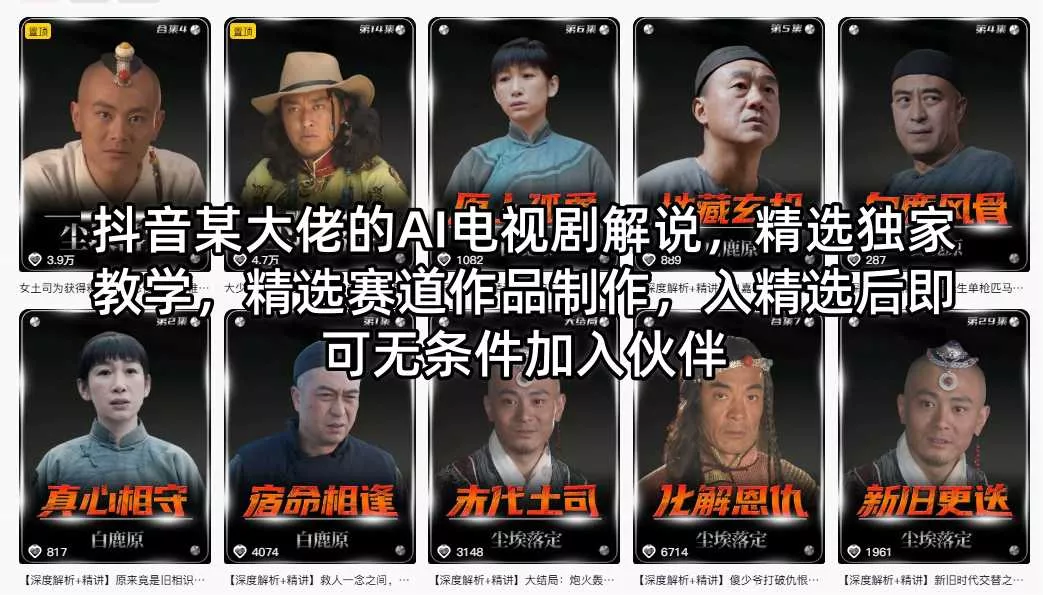 抖音某大佬的AI电视剧解说，精选独家教学，精选赛道作品制作，入精选后即可无条件加入伙伴 - 项目资源网