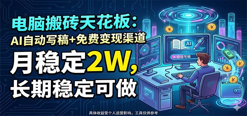电脑搬砖天花板:AI自动写稿+免费变现渠道,月稳定2W,长期稳定可做 电脑搬砖天花板:AI自动写稿+免费变现渠道,月稳定2W,长期稳定可做