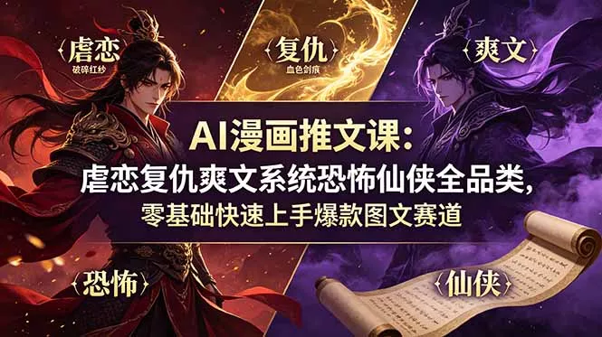 AI漫画推文课：虐恋复仇爽文系统恐怖仙侠全品类，零基础快速上手爆款图文赛道 - 项目资源网
