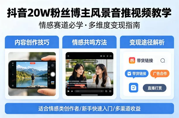 抖音20W粉丝博主风景音推视频教学，情感赛道必学，各种变现途径 - 项目资源网