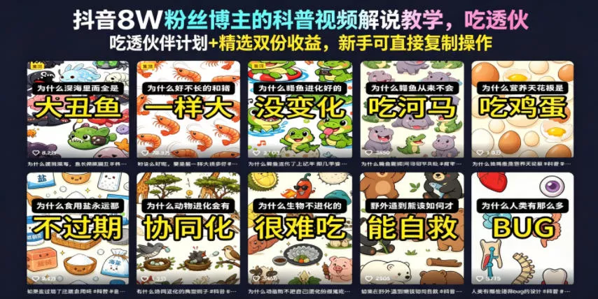 抖音8W粉丝博主的科普视频解说教学，吃透伙伴计划+精选双份收益，新手可直接复制操作 - 项目资源网