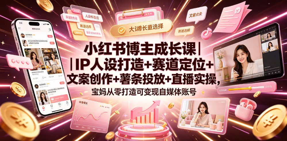 小红书博主成长课｜IP人设打造+赛道定位+文案创作+薯条投放+直播实操，宝妈从零打造可变现自媒体账号 - 项目资源网