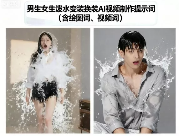 男生女生泼水变装换装AI视频制作提示词(含绘图词、视频词)