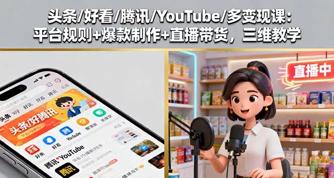 头条/好看/腾讯/YouTube/多变现课：平台规则+爆款制作+直播带货，三维教学 - 项目资源网