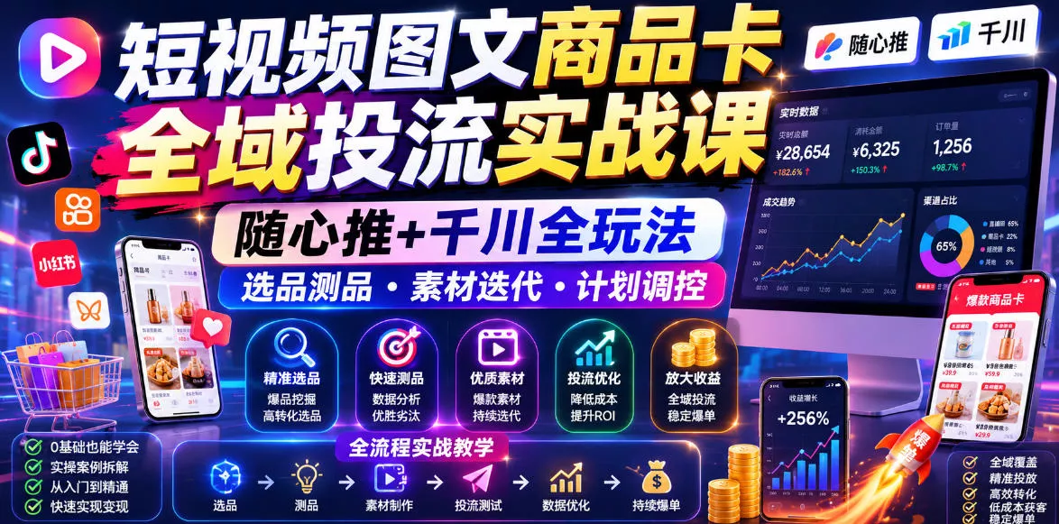 短视频图文商品卡全域投流实战课，随心推+千川全玩法，选品测品・素材迭代・计划调控，提升ROI爆单增收教程 - 项目资源网