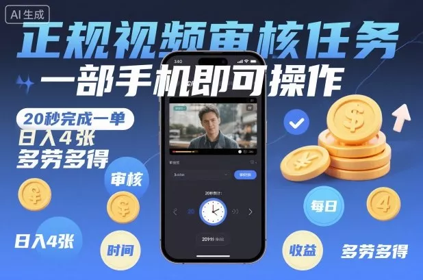 正规视频审核任务，一部手机即可操作，20秒完成一单，日入4张，多劳多得【揭秘】 - 项目资源网