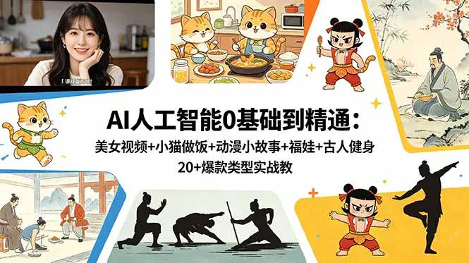 AI人工智能0基础到精通：美女视频+小猫做饭+动漫小故事+福娃+古人健身，20+爆款类型实战教学 - 项目资源网