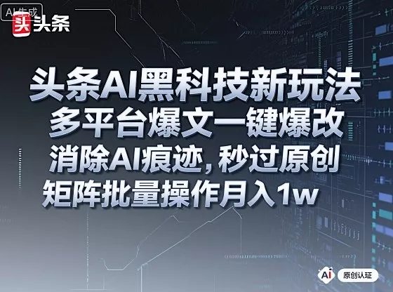 头条AI黑科技新玩法，多平台爆文一键爆改，消除AI痕迹，秒过原创，矩阵批量操作月入1w+【揭秘】 - 项目资源网