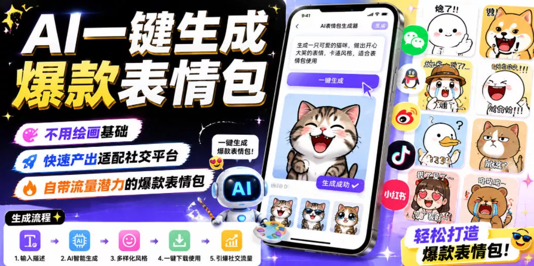 AI一键生成爆款表情包，不用绘画基础，快速产出适配社交平台，自带流量潜力的爆款表情包 - 项目资源网