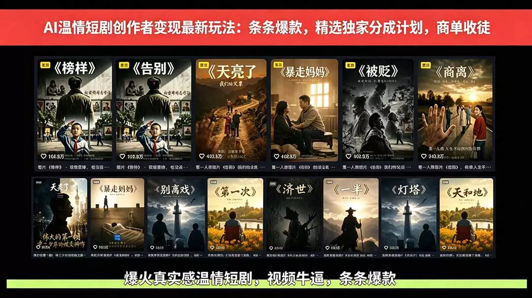 AI温情短剧创作者变现最新玩法：视频牛逼，条条爆款，精选独家分成计划，商单收徒 - 项目资源网