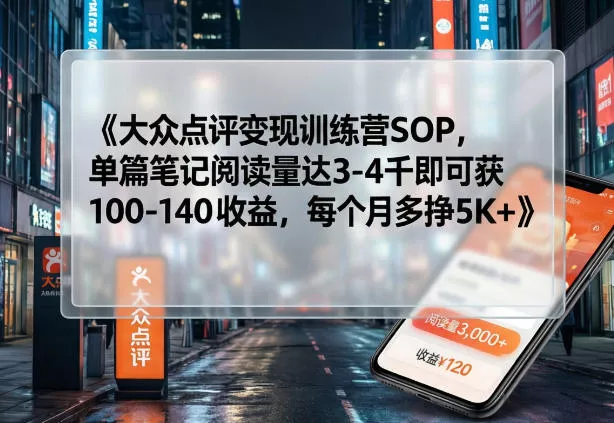 大众点评变现训练营SOP，单篇笔记阅读量达3-4千即可获100-140收益，每个月多挣5K+ - 项目资源网