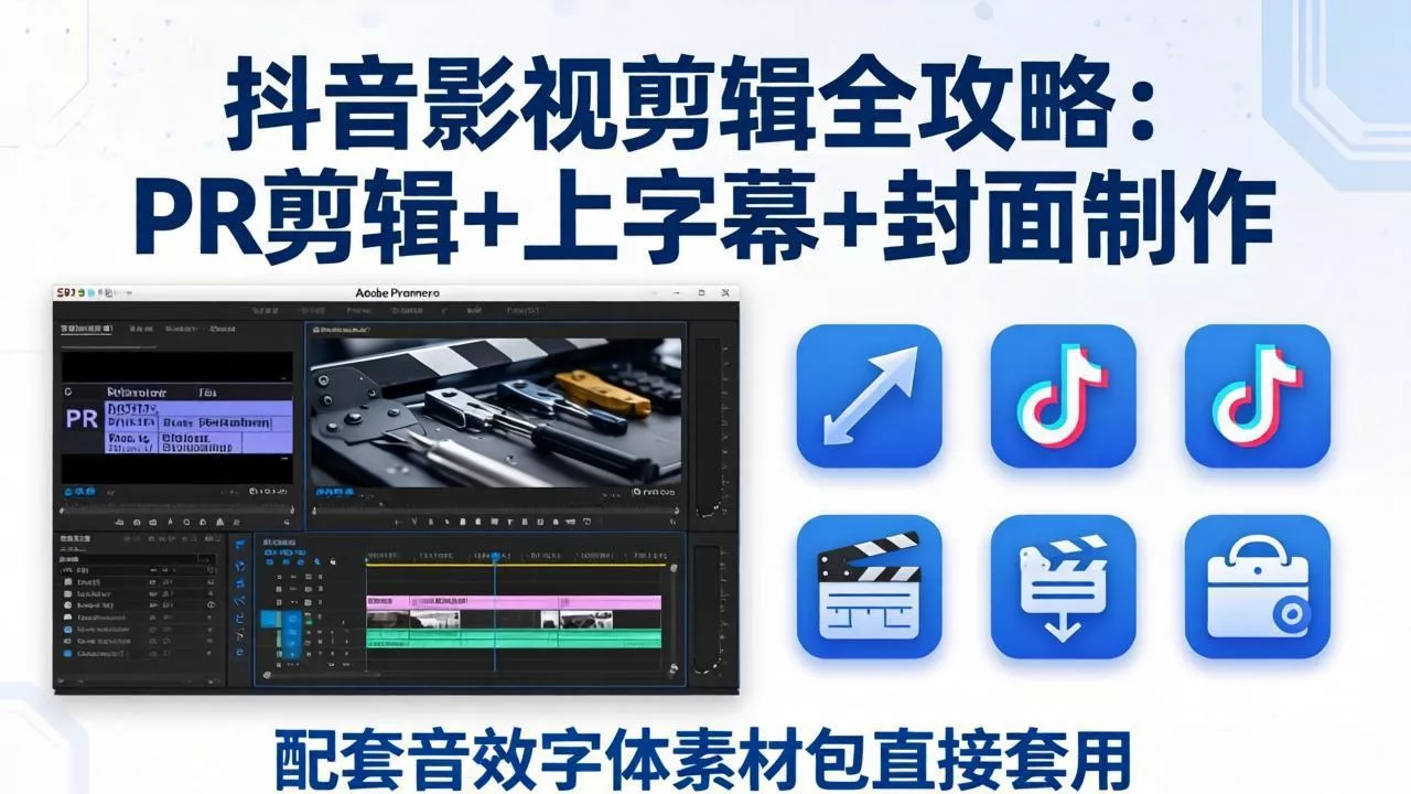 抖音影视剪辑全攻略：PR剪辑+上字幕+封面制作，配套音效字体素材包直接套用 - 项目资源网