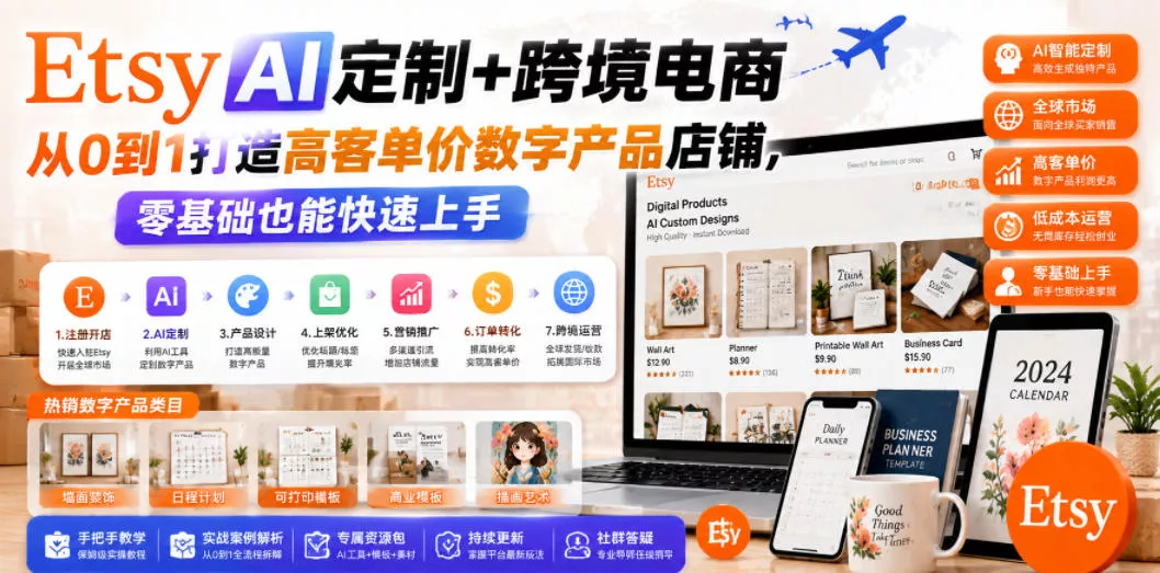 Etsy AI定制+跨境电商，从0到1打造高客单价数字产品店铺，零基础也能快速上手 - 项目资源网