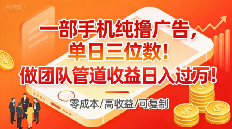 一部手机纯撸广告,单日三位数,做团队管道收益日入过1W 一部手机纯撸广告,单日三位数,做团队管道收益日入过1W