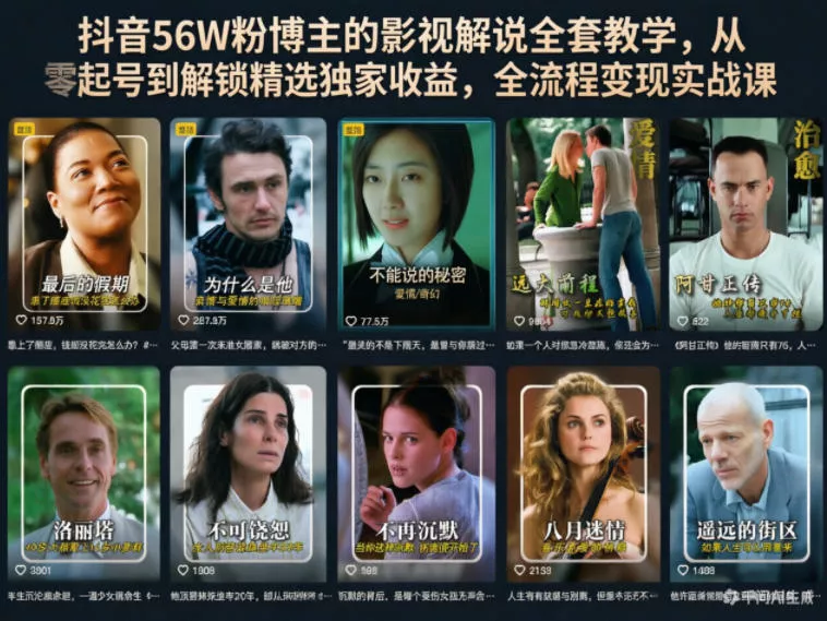 抖音56W粉博主的影视解说全套教学，从零起号到解锁精选独家收益，全流程变现实战课 - 项目资源网