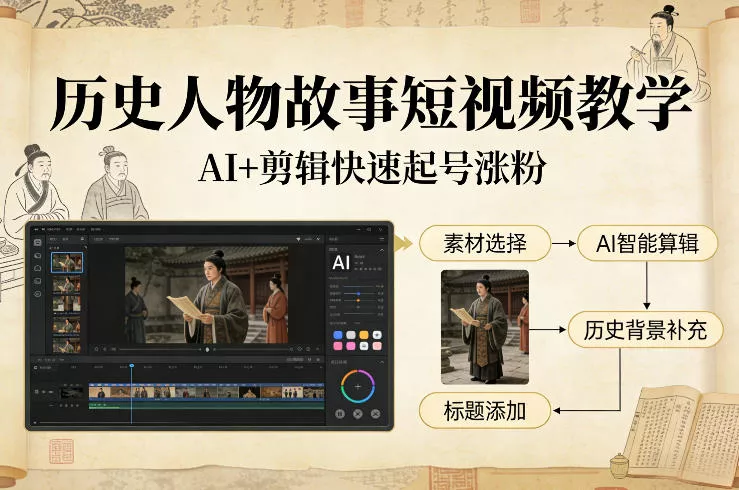 历史人物故事短视频教学,AI+剪辑制作历史人物题材短视频,快速起号涨粉 历史人物故事短视频教学,AI+剪辑制作历史人物题材短视频,快速起号涨粉