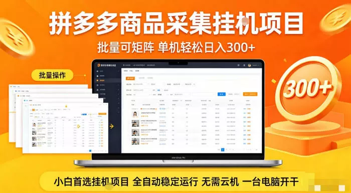 拼多多商品信息全自动采集项目，批量可矩阵，单机轻松日入300+，无需云机一台电脑开干【揭秘】 - 项目资源网