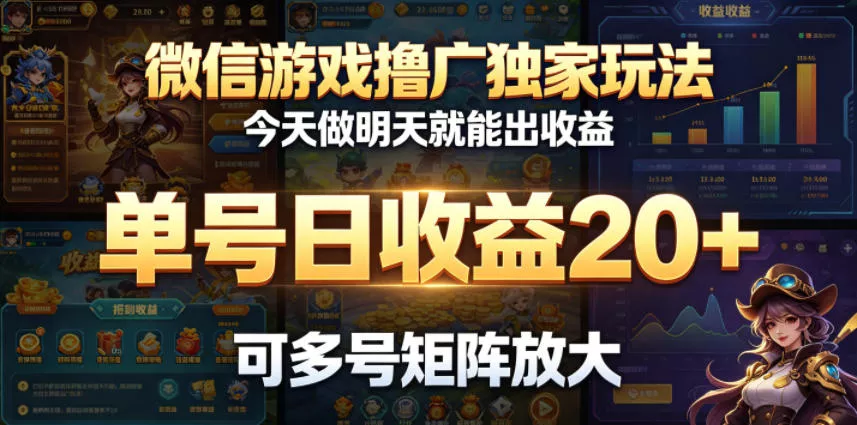 微信游戏撸广独家玩法，今天做明天就能出收益，单号日收益20+，可多号矩阵放大 - 项目资源网