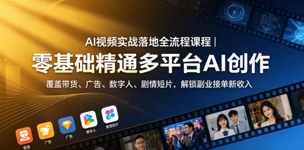 AI视频实战落地全流程课程｜零基础精通多平台AI创作，覆盖带货、广告、数字人、剧情短片，解锁副业接单新收入 - 项目资源网