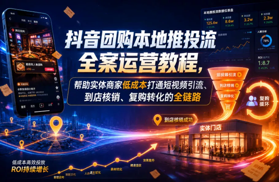 抖音团购本地推投流全案运营教程，帮助实体商家低成本打通短视频引流、到店核销、复购转化的全链路 - 项目资源网
