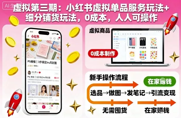 虚拟第三期:小红书虚拟单品服务玩法+细分铺货玩法,0成本,人人可操作