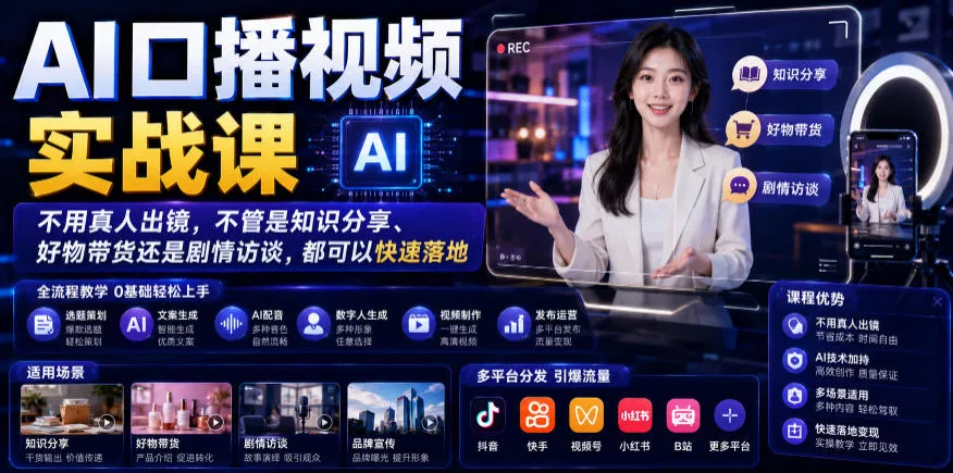 AI口播视频实战课，不用真人出镜，不管是知识分享、好物带货还是剧情访谈，都可以快速落地 - 项目资源网