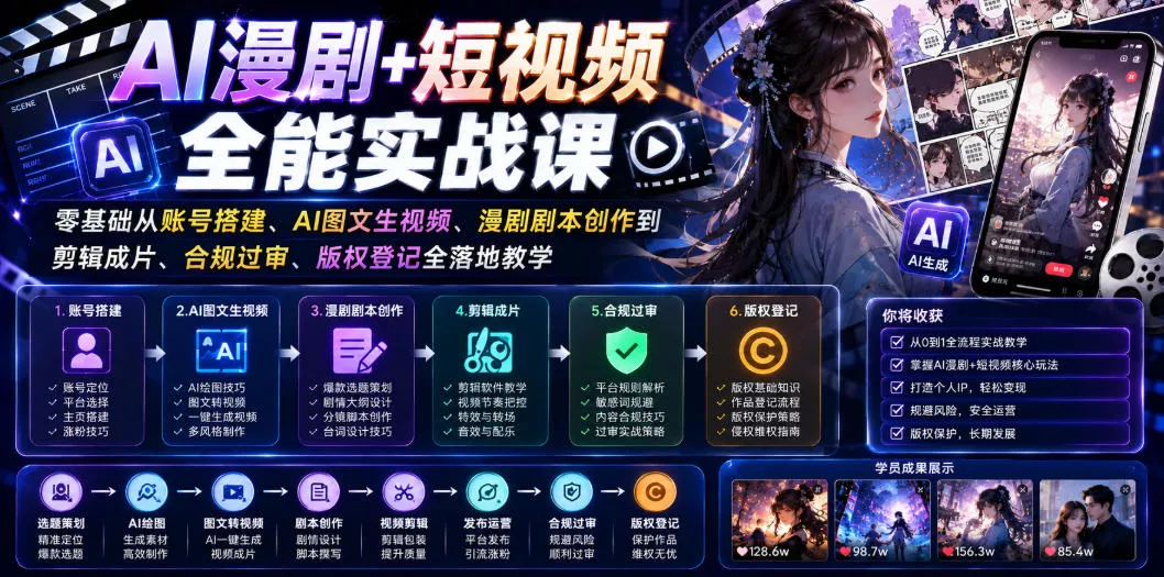 AI漫剧+短视频全能实战课｜零基础从账号搭建、AI图文生视频、漫剧剧本创作到剪辑成片、合规过审、版权登记全落地教学 - 项目资源网