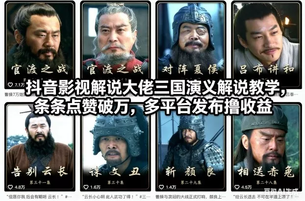 抖音影视解说大佬三国演义解说教学，条条点赞破万，多平台发布撸收益 - 项目资源网