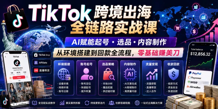 TikTok跨境出海全链路实战课，AI赋能起号・选品・内容制作，从环境搭建到回款全流程，零基础賺美刀 - 项目资源网