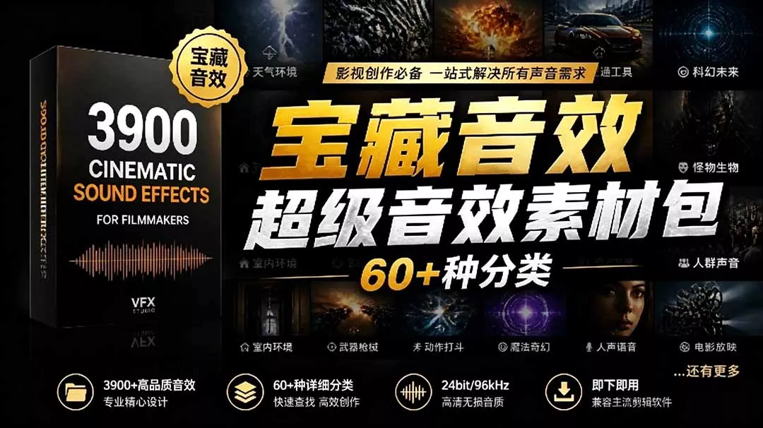 宝藏音效合集包！60+多种音效分类，共计3900个，分类清晰，全中文分类，高品质剪辑音效素材包 - 项目资源网