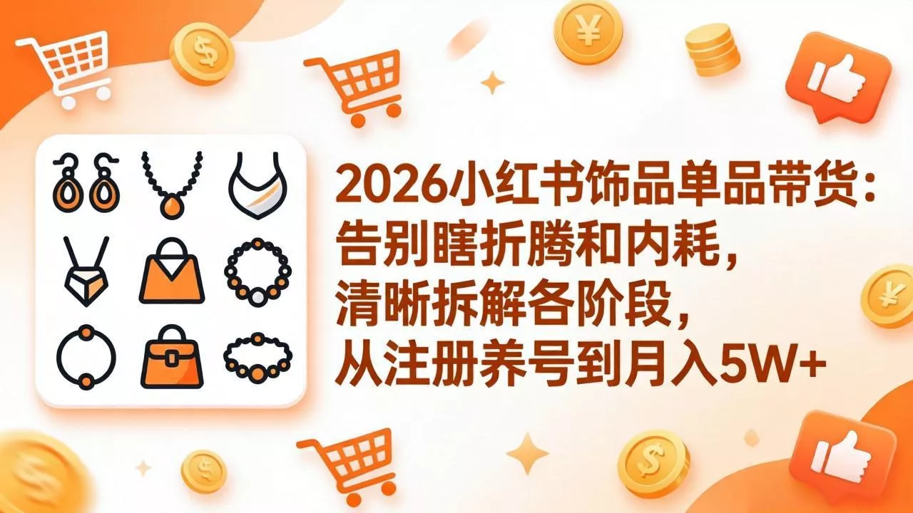 2026小红书饰品单品带货：告别瞎折腾和内耗，清晰拆解各阶段，从注册养号到月入5W+ - 项目资源网