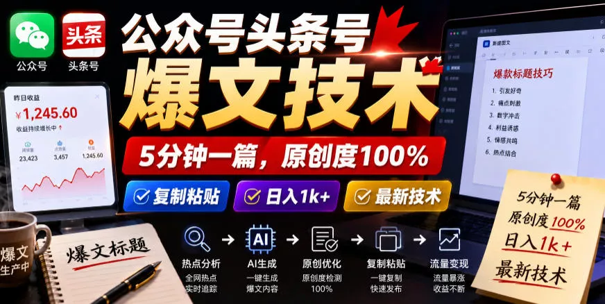 公众号头条号爆文技术，5分钟一篇，原创度100%，复制粘贴，日入1k+，最新技术【揭秘】 - 项目资源网