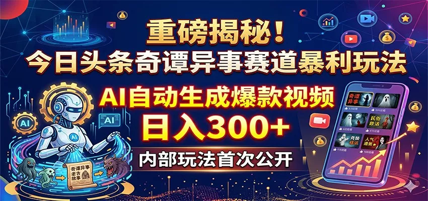 重磅揭秘！今日头条奇谭异事赛道暴利玩法：AI自动生成爆款视频，日入300+ - 项目资源网
