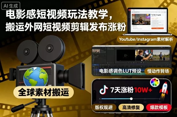 电影感短视频玩法教学，搬运外网短视频剪辑发布涨粉 - 项目资源网