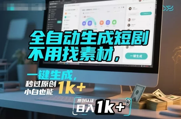 全自动生成短剧，不用找素材，不用剪辑，一键生成，秒过原创，小白也能轻松日入1k+【揭秘】 - 项目资源网