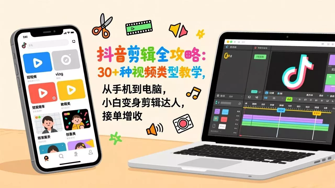 抖音剪辑全攻略：30+种视频类型教学，从手机到电脑，小白变身剪辑达人，接单增收 - 项目资源网