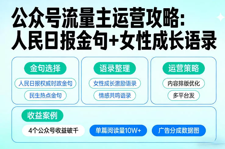 利用人民日报金句+女性成长语录做公众号流量主，4个公众号收益破千 - 项目资源网