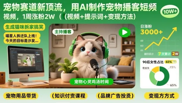 宠物赛道新顶流，用AI制作宠物播客短视频，1周涨粉2W(视频+提示词+变现方法) - 项目资源网