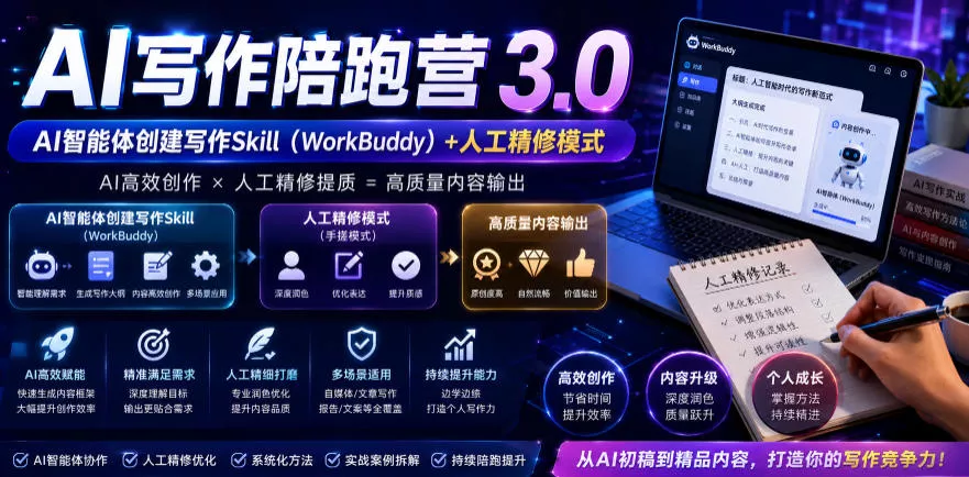 AI写作陪跑营3.0，Ai智能体创建写作skill(workbuddy)+人工手写模式(手搓模式)，去除AI痕迹(头条号、公众号、百家号) - 项目资源网