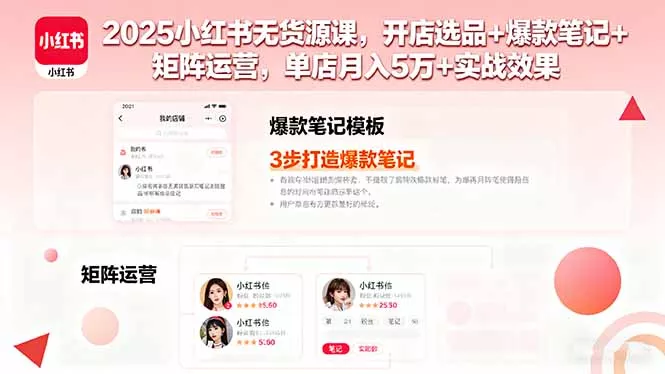 2025小红书无货源课，开店选品+爆款笔记+矩阵运营，单店月入5万+实战效果 - 项目资源网