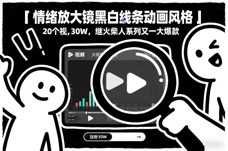 情绪放大镜黑白线条动画风格，20个视频，涨粉30W，继火柴人系列又一大爆款 - 项目资源网