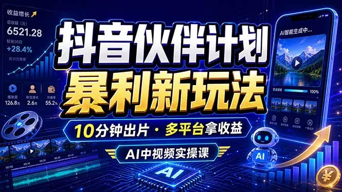 抖音伙伴计划最新玩法，无需配音剪辑，10分钟出一条原创视频，轻松日入三位数 - 项目资源网