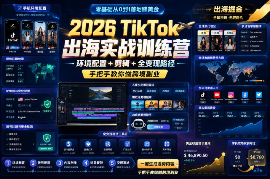 2026 TikTok出海实战训练营,环境配置 + 剪辑 + 全变现路径,手把手教你做跨境副业 2026 TikTok出海实战训练营,环境配置 + 剪辑 + 全变现路径,手把手教你做跨境副业
