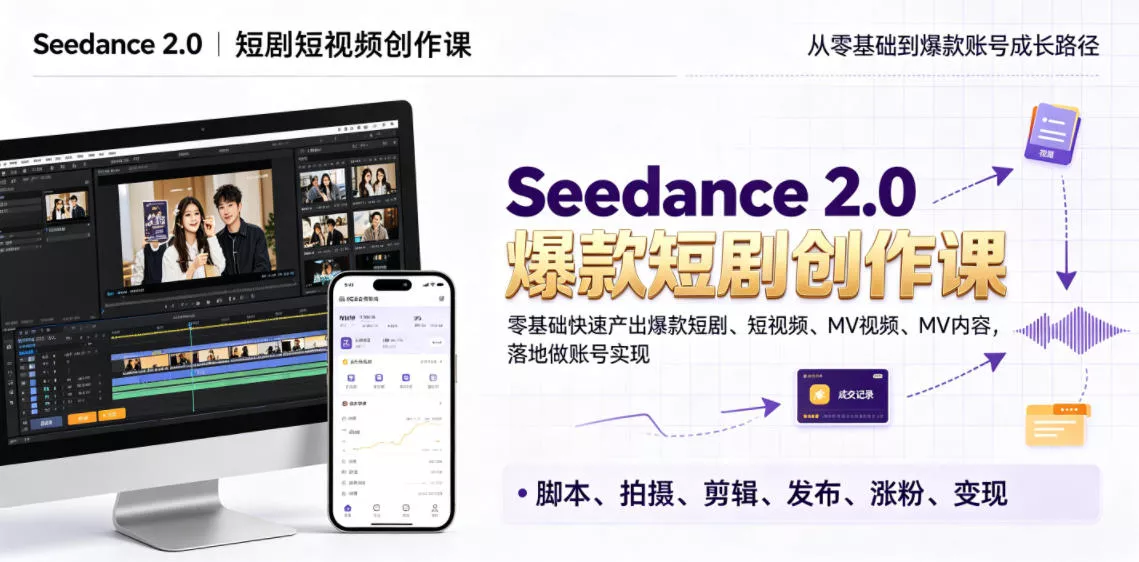 Seedance 2.0短剧短视频创作课，零基础快速产出爆款短剧、短视频、MV内容，落地做账号实现变现 - 项目资源网